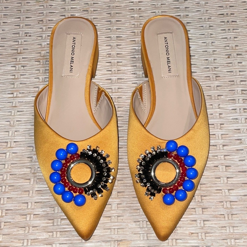 ANTONIO MELANI Gold Mules with Blue and Red Embellishments